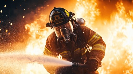 Obraz premium A firefighter battling flames with a hose, showcasing bravery and emergency response.