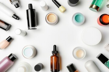 Cosmetic bottles, containers arranged on white background. Various shapes, sizes of shampoo, lotion, serum bottles in green, transparent. Black caps, labels on bottles. Studio shot with focus on