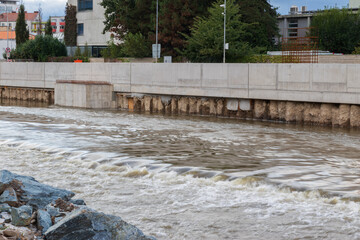 Flood wall in river basin of Svratka, Brno, Czech republic, floods after storm Boris, September 15, 2024.