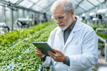 senior scientist using tablet at green house