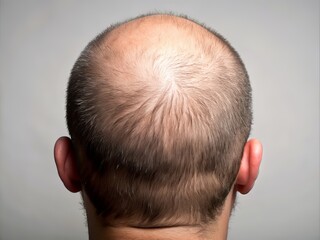 Obraz premium A close-up rear view of a balding head, showcasing a distinctive M-shaped hairline, symbolizing hereditary male pattern baldness and hair loss progression.