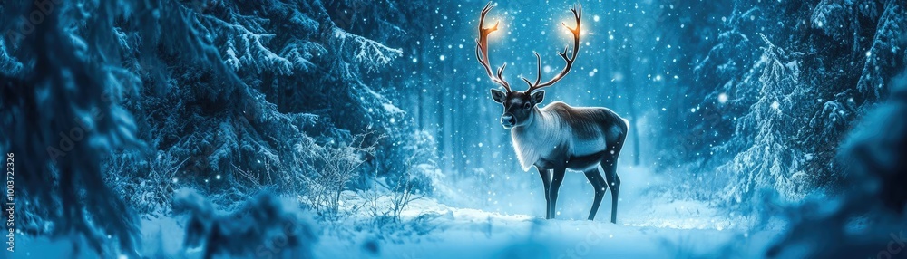 Poster a majestic reindeer stands in a snowy forest, illuminated by soft glowing lights, creating a serene 