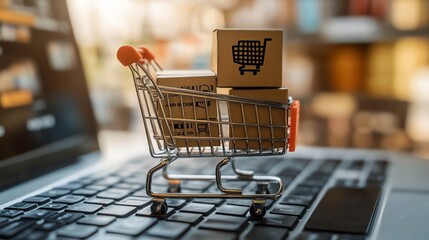A shopping cart with parcels on a laptop keyboard, symbolizing online shopping and e-commerce convenience.