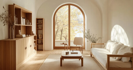 A minimalist living room with light wood floors, white walls, and an arched window.