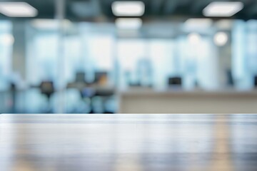 Fototapeta premium Modern office desk with a blank wooden tabletop against a blurred corporate background. The table is situated in a contemporary conference room with a focus on comfort and communication.