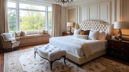 Fototapeta premium Elegant bedroom with large windows and plush bedding.