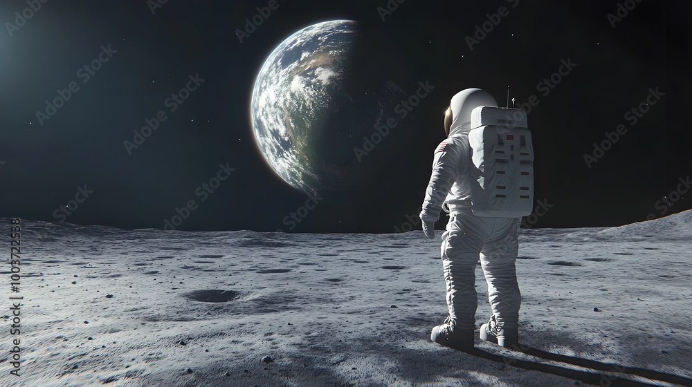 Wall mural astronaut neil armstrong, spacewalk on the moon surface watching planet earth from space.