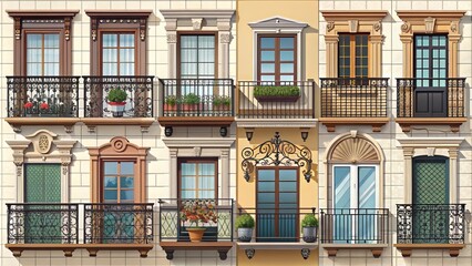 Stylish illustration of diverse balcony designs, including modern, classic, ornate, minimalist, and vintage styles, with various railings, decorations, and architecture elements.