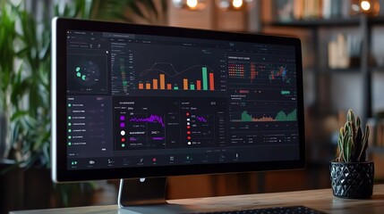 A sleek computer monitor displaying financial data analytics with colorful graphs in a modern workspace.