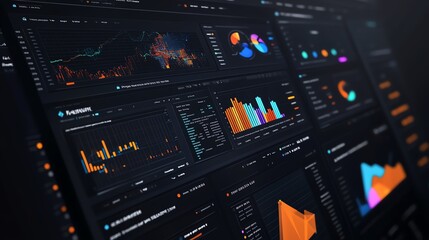 Modern digital dashboard displaying vibrant data visualizations and analytics in a dark theme, ideal for business insights.