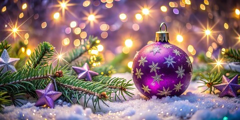 Vibrant purple ornament shines bright amidst twinkling stars and magical sparkling lights, evoking a whimsical and enchanting festive Christmas atmosphere of wonder and joy.