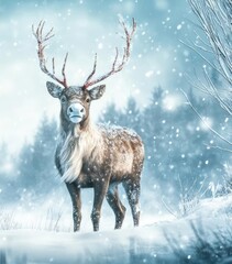 A festive deer stands in a snowy landscape, celebrating the New Year with a cheerful banner in a serene winter wonderland.