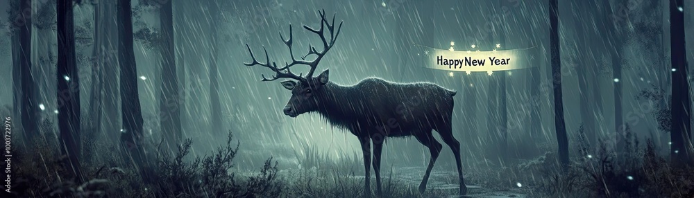 Poster a mystical deer stands in a foggy forest, surrounded by glowing lights, creating a serene and magica