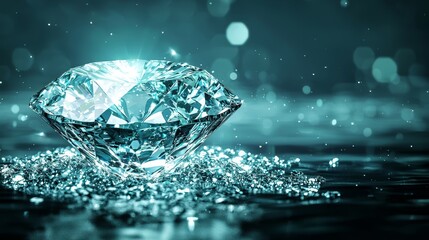  A tight shot of a diamond atop a reflective surface, surrounded by a hazy background and softly focused lights in the distance