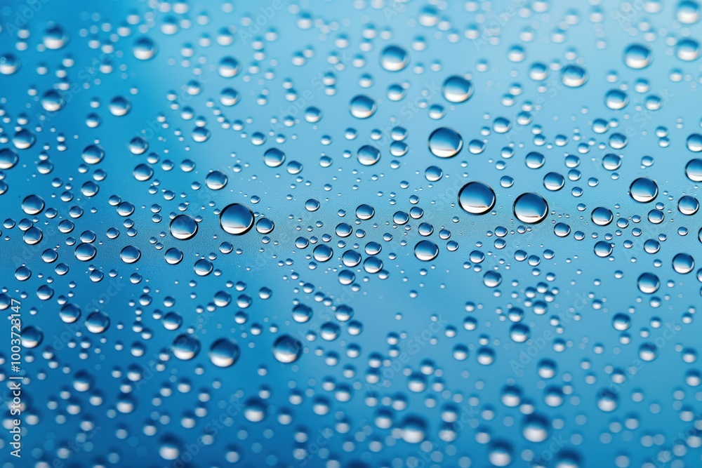 Poster water droplets on a glass surface with a blue background. close-up view of clear liquid beads on tra