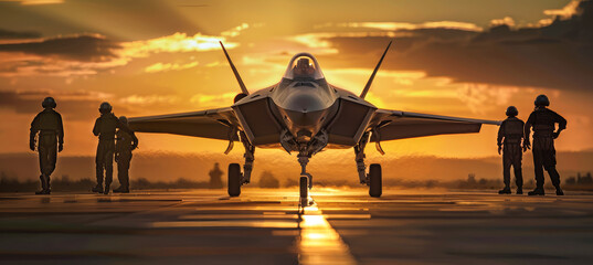 Fototapeta premium F20 fighter jet prepares for takeoff at sunset with crew members standing nearby in a striking silhouette against the colorful sky