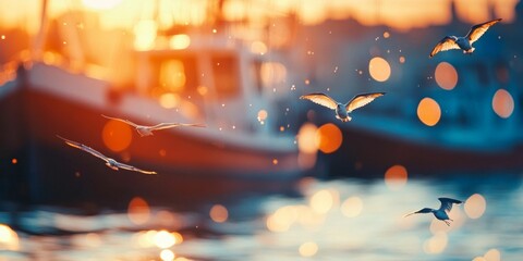 A serene sunset scene with gentle waves and birds in flight. Boats are softly blurred in the background. A peaceful and calming atmosphere captures the beauty of nature. AI