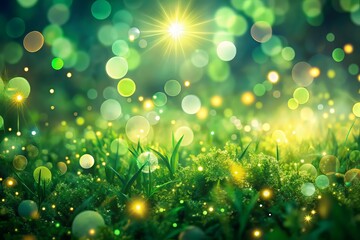 Obraz premium Vibrant green bokeh background with bright glowing lights and soft focus, creating a dreamy and ethereal atmosphere perfect for nature-inspired designs and creative projects.