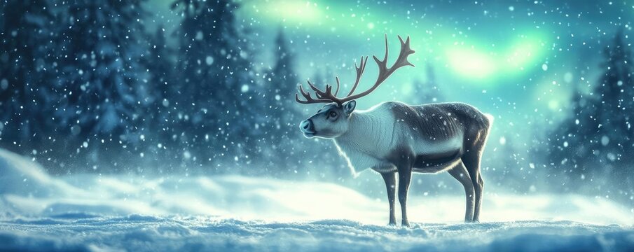 A majestic reindeer stands in shimmering snow under the northern lights, highlighting the beauty of winter's magic.