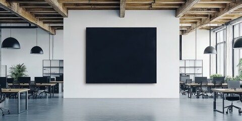 Empty Black Canvas on Wall in Modern Workspace