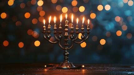 Against a bright blue background, a classic menorah with flickering candles on a wooden table creates a calm Hanukkah celebration scene with plenty of room for text.
