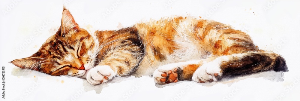 Poster a peaceful cat resting soundly on a bedspread with a white background during a quiet afternoon. gene