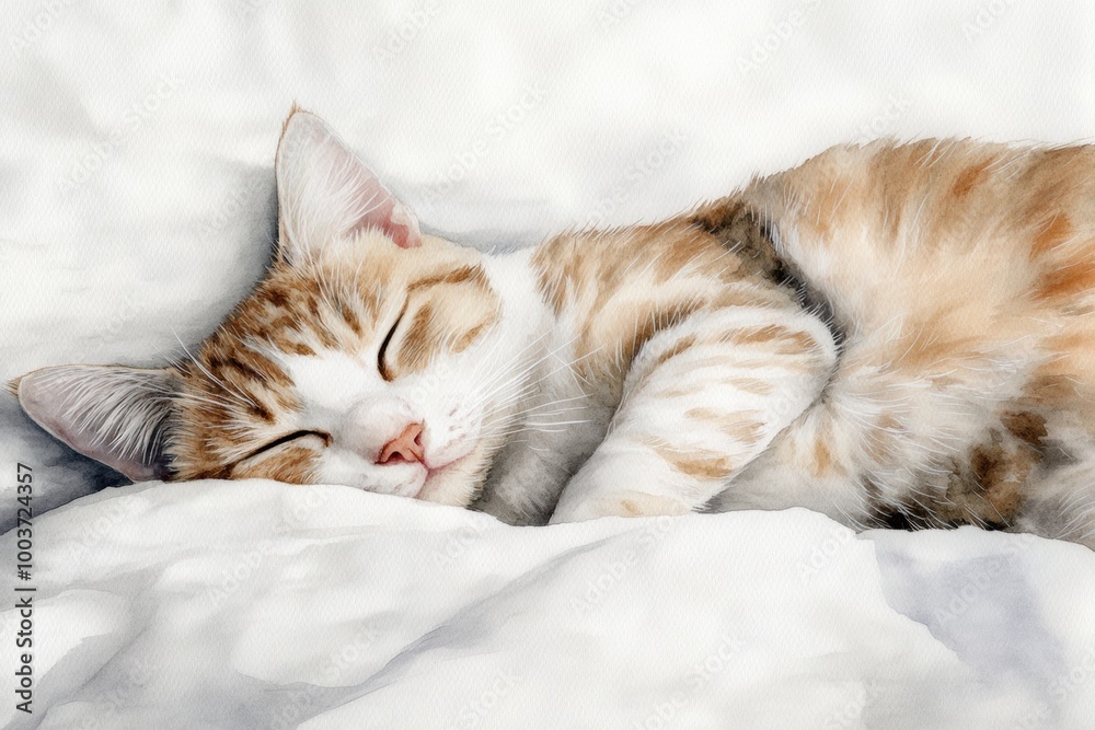 Poster a peaceful orange tabby cat sleeping soundly on a soft bedspread with a white background. generative