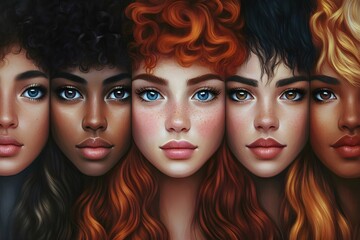 Obraz premium a digital artwork depicting five women with distinct facial features and hairstyles. They are positioned closely together, facing forward, and their faces fill the frame. 