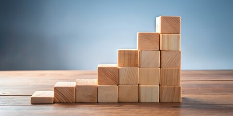 Wooden blocks stacked in a step-by-step formation, symbolizing business growth, success, and achievements, with a subtle hint of planning, development, and leadership towards customer target groups.