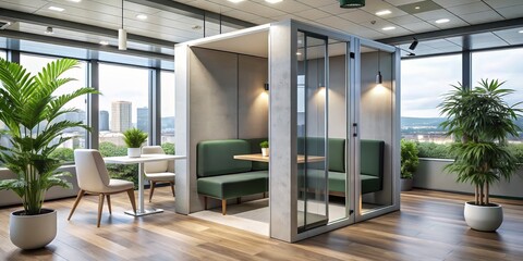 Modern acoustic phone booth with sound-absorbing walls and comfortable seating for private conversations and video conferencing in a quiet, distraction-free environment.