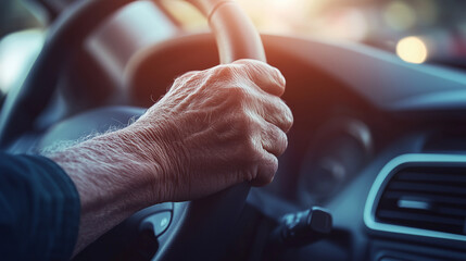 Senior person gripping steering wheel with focused mood while driving in car interior