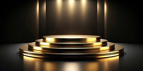 Obraz premium Luxurious golden podium black details with gold bokeh lights from a worm's eye view