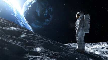 Astronaut Neil Armstrong, spacewalk on the Moon surface watching planet Earth from space. 