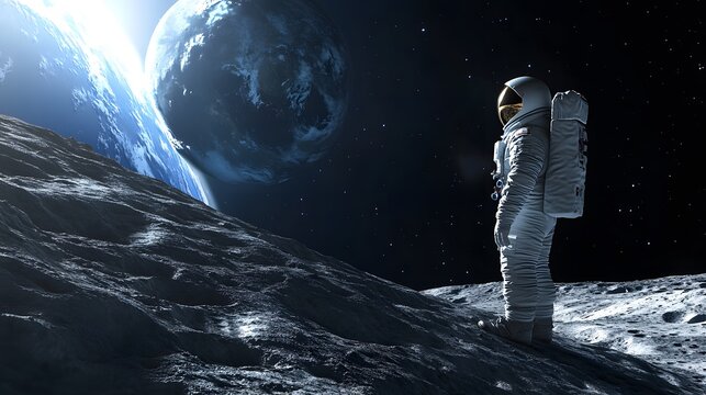 Astronaut Neil Armstrong, spacewalk on the Moon surface watching planet Earth from space. 