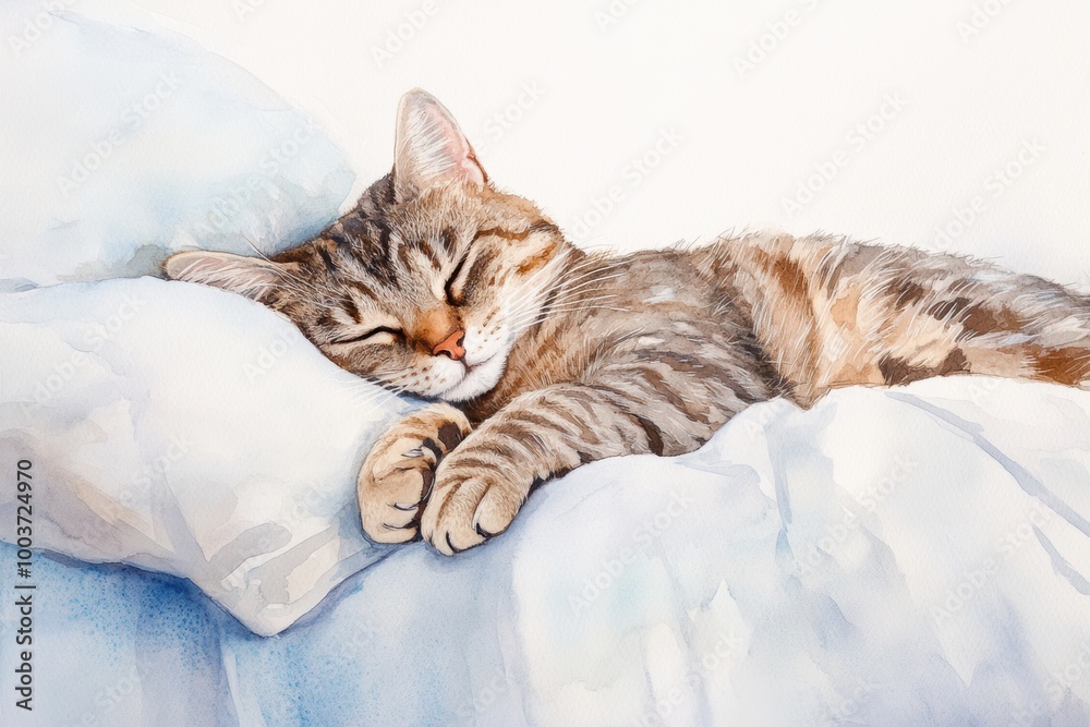 Aufkleber a cozy tabby cat peacefully sleeping on a soft bedspread in a tranquil white setting during the afte