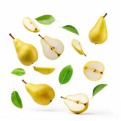 Pear with half slices falling, on white background