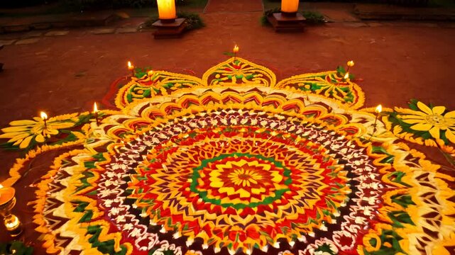 Amazing diwali rangoli video with golden hour lighting, filmed with a zoom-out camera movement