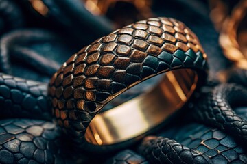 The texture of natural snakeskin. The bracelet on the arm is made of snake skin. Close-up. The New Year of the snake 2025. Leather background of reptiles.