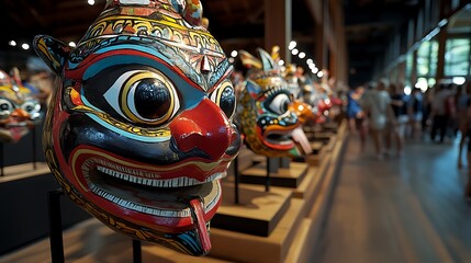 Fototapeta premium Colorful Traditional Asian Mask Displayed on Wooden Stand