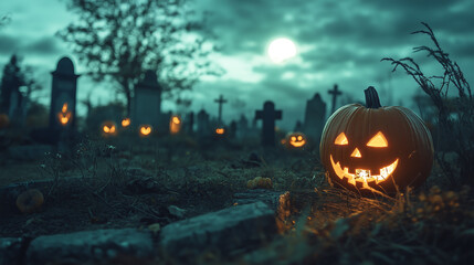 Obraz premium Halloween background with pumpkins and bats, cemetery