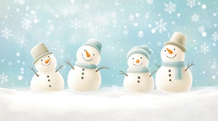 Four cheerful snowmen in warm hats and scarves stand playfully in a snowy landscape against a serene winter backdrop.