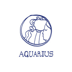 Aquarius zodiac sign. Hand drawn sketch. Blue pen or marker drawing. Astrological calendar, zodiacal round. Vector horoscope