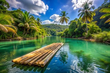 Serene bamboo raft glides through turquoise waters of Blue Lagoon in Jamaica, surrounded by lush green vegetation and majestic palm trees under a sunny sky.