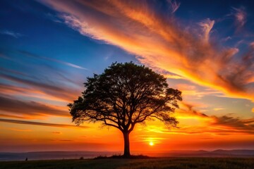 Fototapeta premium picturesque, landscape, sky, aerial, scenic, orange, silhouette, Silhouette of a tree is beautifully outlined against a breathtaking sunset background captured from an aerial perspective