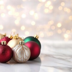 Colorful Christmas ornaments on a marble surface with sparkling lights in the background, perfect for holiday-themed designs.