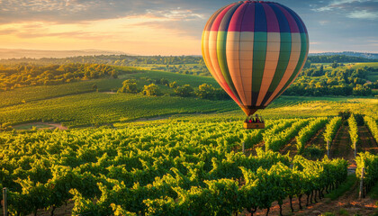 Fototapeta premium A vibrant hot air balloon floats over lush vineyards at sunset, showcasing the beauty of nature and leisure travel.