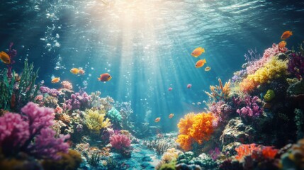 3D effect of a vibrant underwater scene with coral reefs, fish, and sunlight filtering through