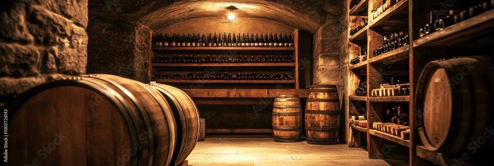 Poster Exploring a rustic wine cellar with wooden barrels and shelves overflowing with bottles at dusk. Generative AI