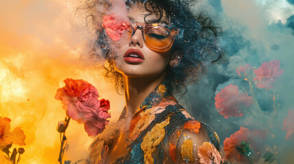 Beauty flowers face of a woman with double exposure