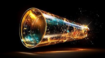 Abstract Golden Tube with Glowing Lights on Black Background